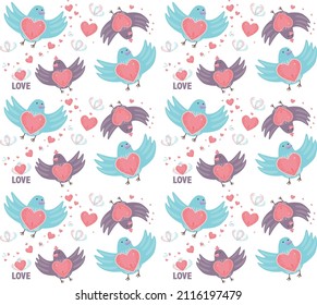 Cute birds with heart pattern. Love, Hearts, Vector illustration for valentine's day for textile and wrapping paper. 