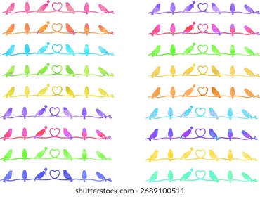 Cute birds and heart silhouette watercolor illustration set.