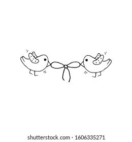 Cute birds hold a bow. Hand drawn stock vector illustration. Doodle style isolated on white background. Use for greeting card and invitation elements.