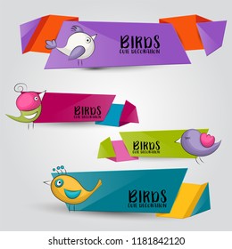 Cute birds horizontal banner set. Cute header for invitation, advertisement, web page. Hand drawn  doodle cartoon style spring and summer tropical design concept. Vector illustration.