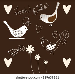 Cute Birds icons pink and white, collection set.