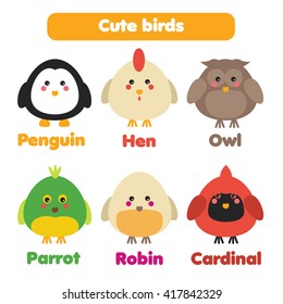 Cute birds icons set. Six birds in flat cartoon style, isolated on white background. Perfect as children stickers, educational illustrations, design elements for kids books. Round birds