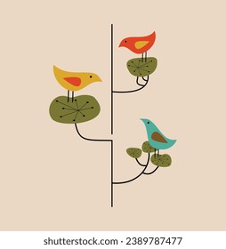 Cute birds illustration retro style image mid century modern vintage mcm talking birds on branch 1950s 1960s wall art print abstract birds scandinavian atomic starburst