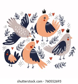 Cute birds illustrations. Hearts and branches