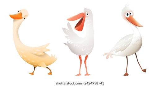 Lindos pájaros aislados clipart para niños. Ganso, pelícano y gaviota, alegres personajes de pájaros de colores para los niños. Animales divertidos vector ilustración de dibujos animados. Conjunto de clipart en estilo acuarela.