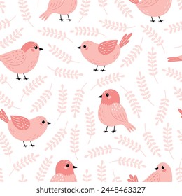 Cute birds and leaves seamless pattern. Pink cartoon birds wallpaper. Baby animals or nature theme. Flat design. Vector illustration on white background. 