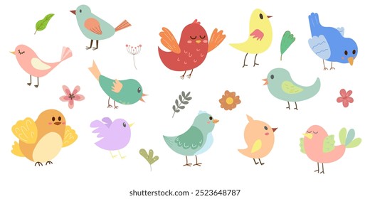 Conjunto de pájaros y hojas lindas. Fondo animal, naturaleza. Diseño plano del Vector, ilustración de los niños. Estilo de personaje de dibujos animados