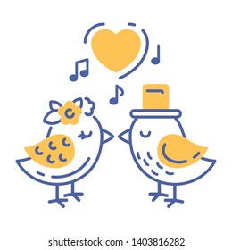 Cute birds in love line color icon. Valentines day concept. Wedding illustration. Sign for web page, mobile app, social media. Pictogram UI/UX and GUI. Vector clipart, template. Editable stroke.