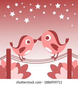 cute birds in love on electric wires. Stylish postcard for Valentine's Day. Vector illustration