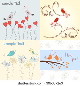 Cute birds in love. Set of romantic backgrounds. 