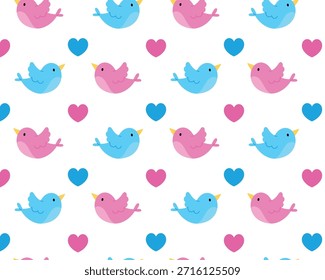 Lindos pájaros enamorados. Patrón de primavera. Día de San Valentín. Ilustración plana de Vector.