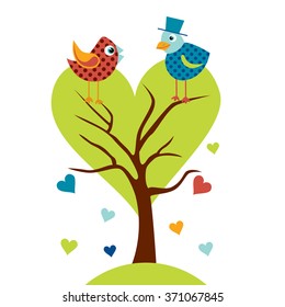 Cute birds in love tree llustration. Stylized happy cartoon animal. Flat vector illustration. Child Color design.