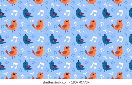 cute birds and musical notes seamless pattern, musical wallpaper, colorful background, flat design vector illustration