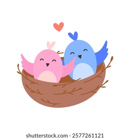 Cute Birds in a nest with heart vector illustration. Bird family, love, spring in flat style