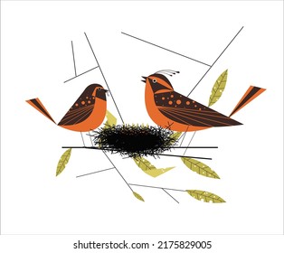 Cute Birds nest painting colored cartoon sketch