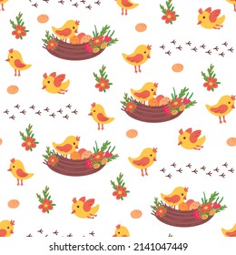 Cute birds and nest seamless pattern. Vector Illustration for printing, backgrounds, covers, packaging, greeting cards, posters, stickers, textile and seasonal design. Isolated on white background.