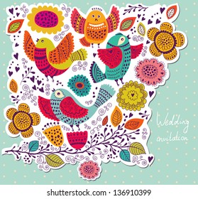 Cute birds on branch. Holiday greeting card with flowers and birds. Vector romantic floral background. Invitation