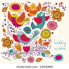 Cute birds on branch. Holiday greeting card with flowers and birds. Vector romantic floral background