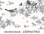 Cute birds on the branches, butterflies, dragonfly. Flowers and leaves of Blossoming tree. Floral seamless pattern. Black and white. Spring Vector illustration. Vintage. Template for wallpaper, paper.