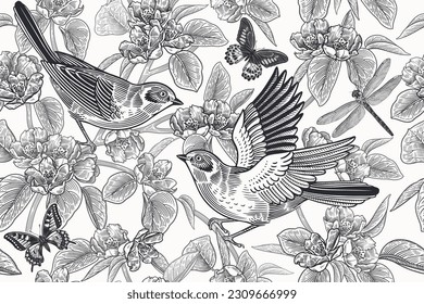 Aves raras en las ramas, mariposas y libélula. Flores y hojas de árbol floreciente. Patrón floral sin fisuras. Blanco y negro. Ilustración del vector de primavera. Vintage.