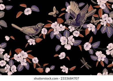 Cute birds on branches, butterflies, dragonfly. Flowers and leaves of Blossoming tree. Floral seamless Vector illustration. Black background and golden pattern. Vintage. Template for wallpaper, paper.