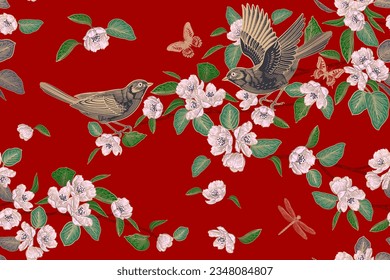 Pájaros en las ramas, mariposas, libélula. Flores y hojas de árbol floreciente sobre fondo rojo. Patrón floral sin fisuras. Ilustración del vector de primavera. Vintage. Plantilla para papel tapiz, papel