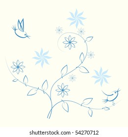 Cute birds on branches with leaves
