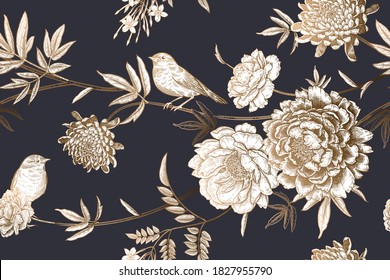 Cute birds on the branches of a tree. Floral seamless pattern. Garden flowers and leaves. Gold foil stamp, black and white. Peonies, chrysanthemums, jasmine and roses. Vector illustration. Vintage