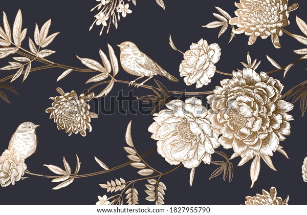 Cute birds on the branches of a tree. Floral\
seamless pattern. Garden flowers and leaves. Gold foil stamp, black\
and white. Peonies, chrysanthemums, jasmine and roses. Vector\
illustration. Vintage