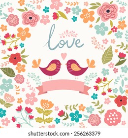 Cute birds on the floral background.