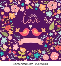 Cute birds on the floral background.