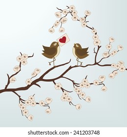 Cute birds on floral branch, Happy Valentine's Day