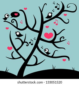 Cute birds on the tree singing