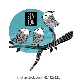 Cute birds on the tree speaking about the sea trip. Vector illustration.