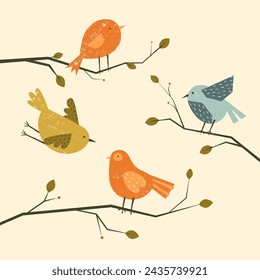 Lindos pájaros en los árboles. Animales de primavera y verano coloridos de dibujos animados en ramas con flores, elementos de diseño gráfico infantil. Conjunto aislado del vector de la historieta del pájaro de primavera en la ilustración del árbol