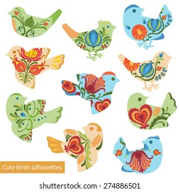 Cute birds on white background. Vector collection