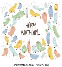 Cute birds on white background. Happy Birthday greeting card. 