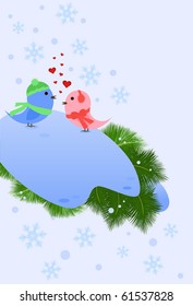 Cute birds on winter festive background