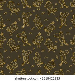 Cute birds outline doodle seamless pattern animal characters for wallpaper, print card, garden decoration. Printable vector illustration