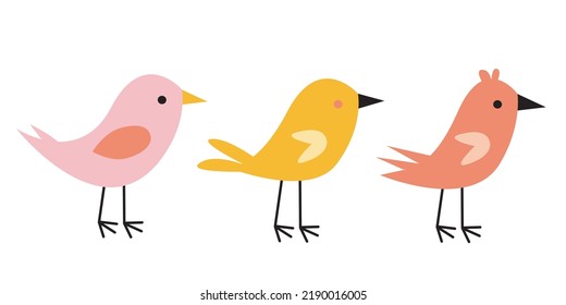 Cute Birds In Pastel Pink And Yellow Colors. Cartoon Collection With Funny Little Bird Family.