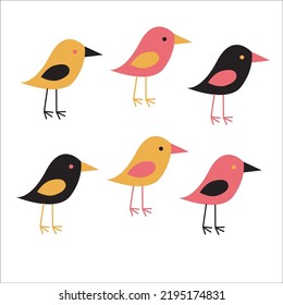 Cute Birds In Pastel Pink And Yellow Colors. Cartoon Collection With Funny Little Bird Family, Children Illustration