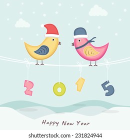 Cute birds in Santa cap with colorful hanging text 2015 on sky blue background for New Year celebrations.