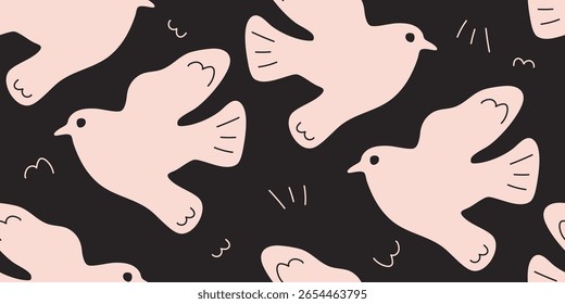 Cute Birds and Scribbles Playful Seamless Pattern on Black and White Background.