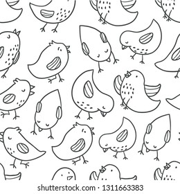 Cute birds seamless pattern. Background with cute hand drawn bird doodles. Black on white vector - Vector