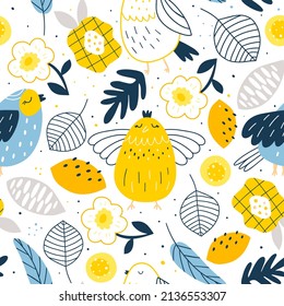 Cute birds seamless pattern, Floral background. Blooming Flowers, Floral paper, Spring Scrapbook. Vector illustration.