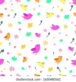   Cute birds seamless pattern with little flowers.Cute  birds, background  for  design for different   purposes: for packaging, for textiles.   Scandinavian style. Charming  characters. Hand draw 
