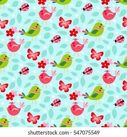 Cute birds seamless pattern with little flowers and butterfly, ladybug on a turquoise background.
