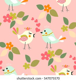 Cute birds seamless pattern with little flower and leaf on a pastel salmon pink background.