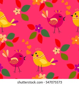 Cute birds seamless pattern with little flower and leaf on a pink background.