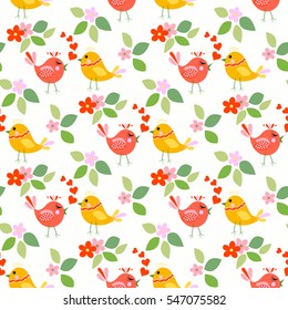 Cute birds seamless pattern with little flowers